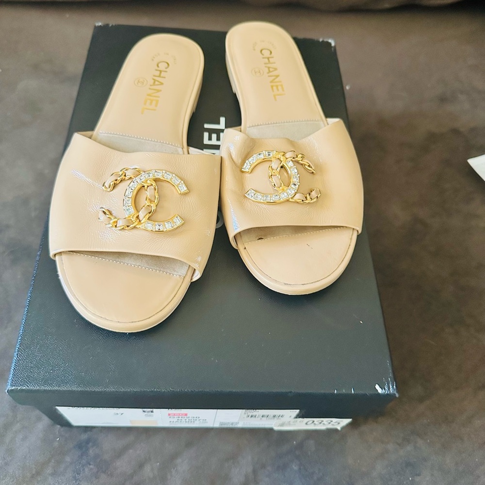 CHANEL Tan Slide Sandals with Gold Accents